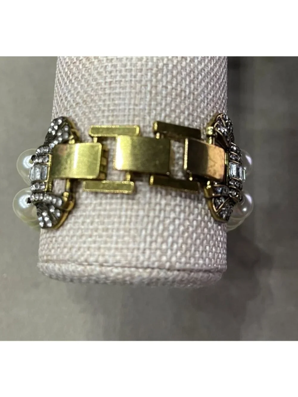 Vintage 90s Art Deco Style Multi Strand Faux Pearl Bracelet Crystal Rhinestone C